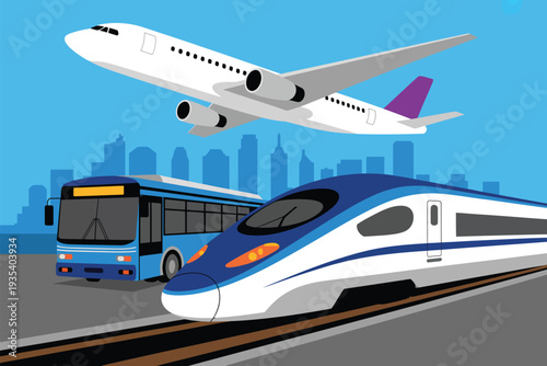 Modern Transportation Illustration, high speed bullet train city bus and commercial airplane over blue skyline