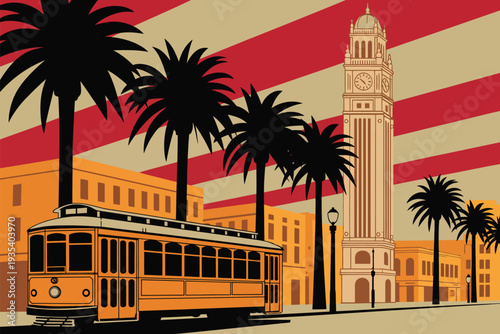 Art Deco Clock Tower Historic Street Artwork, 1920s style orange streetcar and bold geometric skyline