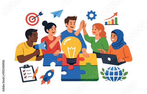 Diverse business team collaborating, developing new ideas, and solving problems, celebrating success in a partnership