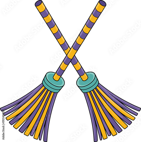Whimsical Broom X Shape Artwork, playful striped design with symmetrical purple yellow bristles
