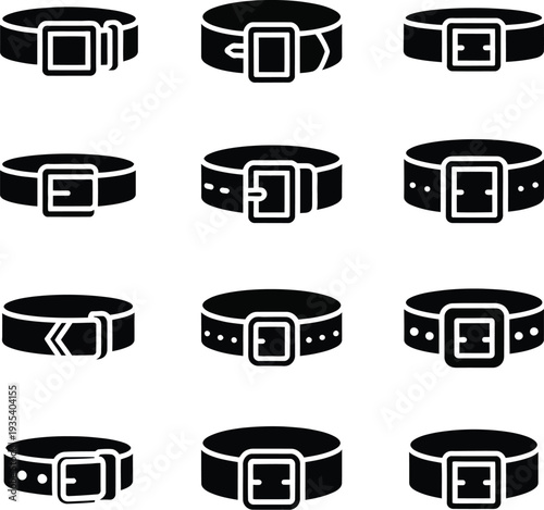 Black and White Belt Icons Set, 12 minimalist square buckle designs arranged in clean 3x4 grid layout