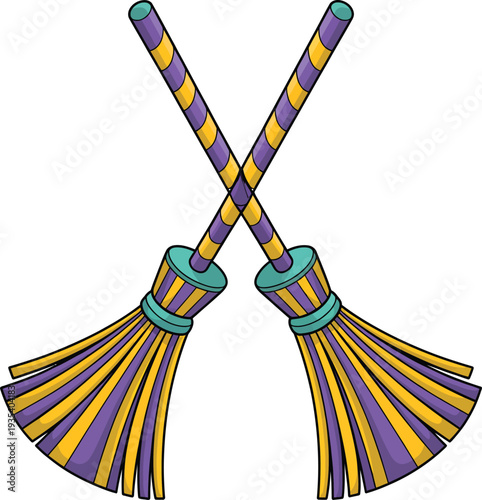 Striped Magic Brooms Digital Illustration, crossed 45 degree angle with vibrant streamers and clean lines