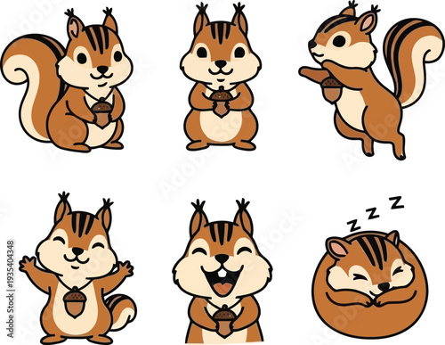 Six cartoon chipmunks in various poses holding acorns Black outline coloring book 1