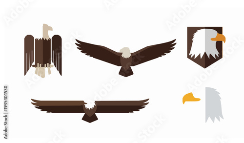 Minimal Bald Eagle Icon Set Flying and Perched USA Bird of Prey Flat Vector Isolated on White