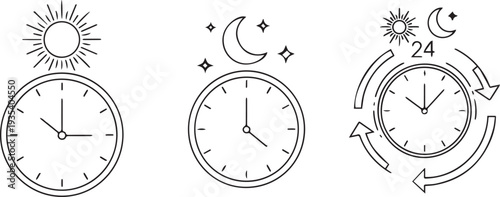 Day and Night Time Cycle Vector Illustration Set. Outline Icons for 24 Hour Service and Daily Schedule. Minimalist Line Art.