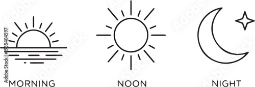 Morning, Noon, and Night Time of Day Icons Set. Minimalist line art vector illustration for scheduling and weather applications.