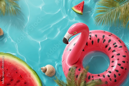 Tropical summer fun on a flamingo-shaped raft in a pool