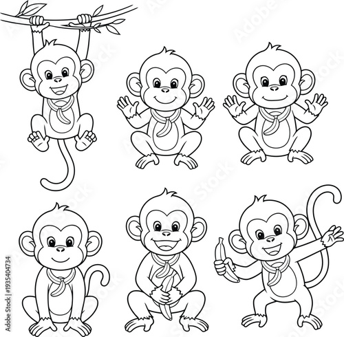 Six cartoon monkeys in various poses with bananas Black outline coloring book 1