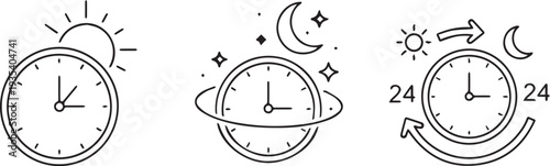 Day and night time cycle icons set, 24 hour clock outline vector illustration for business and scheduling concepts.