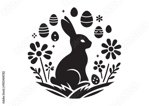 easter bunny eggs and flowers logo silhouette, easter eggs silhouette vector illustration,  decorative pattern logo silhouette, easter bunny eggs and floral logo silhouette design on white background