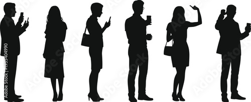 People using smartphones silhouettes collection with men and women texting browsing and taking selfies isolated on white background vector set