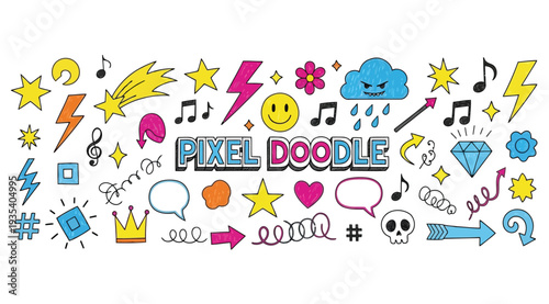 Colorful pixel doodle icons and symbols isolated on white background with various shapes and emojis
