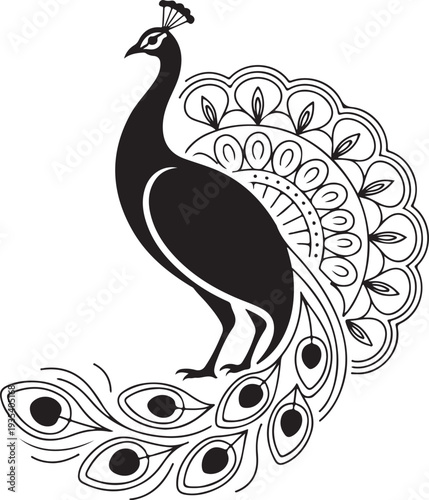Elegant Black Silhouette Peacock with Intricate Tail Feathers and Mandalas
