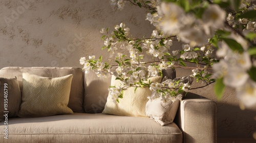 A serene setting featuring a comfortable couch adorned with decorative throw pillows, set against a backdrop of a wall blooming with delicate flowers.