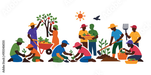 Diverse group of people collaborating in a community garden, planting seedlings, harvesting fresh produce, and sharing crops