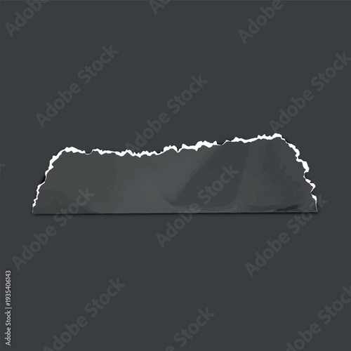 Black torn paper, torn sheet of paper fragment, vector realistic crumpled strip scrap with ripped edges