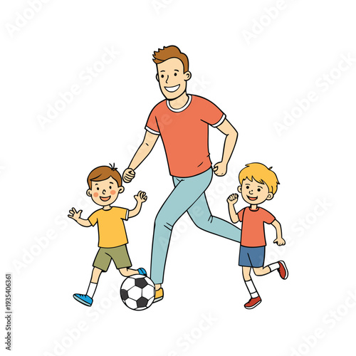 Father's Day scene with a father and two sons playing football soccer