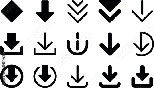 A versatile collection of black vector download icons, clearly shown on a white background, symbolizing essential digital data transfer and user interface functions.