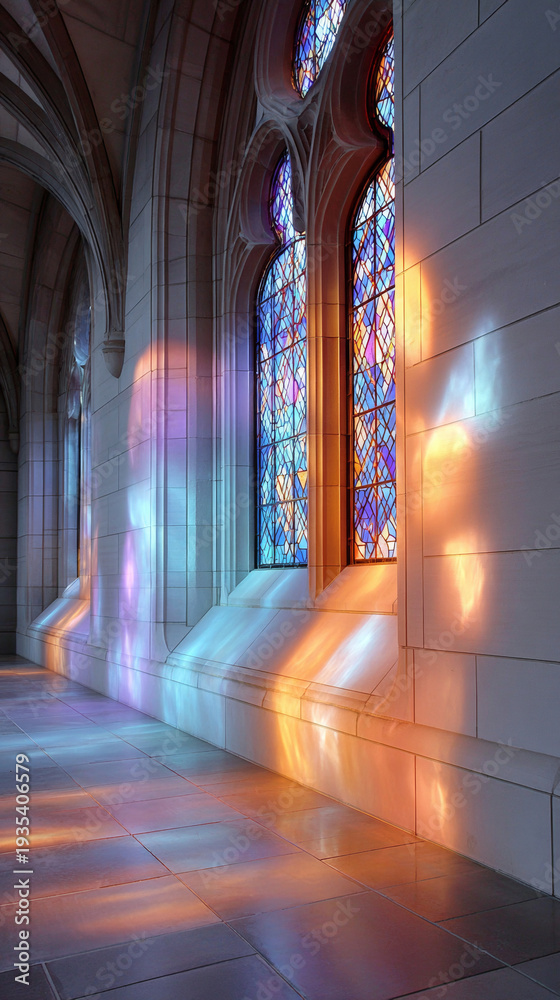 Fototapeta premium A stunning stained glass window in a cathedral, casting colorful light onto the floor and walls of an arched alcove