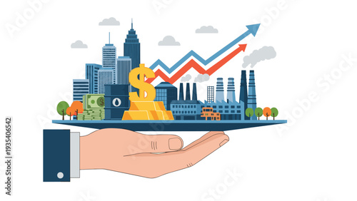 Human hand supporting silver platter with city skyline industrial factory oil barrel and gold bars representing national economy and wealth.