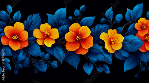 Vibrant orange and yellow hibiscus flowers with deep blue foliage create stunning, contrasting border design against stark black background, evoking sense of tropical beauty and artistic elegance.