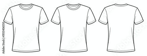 Professional vector flat sketch of blank white t-shirts, front, side, back views, isolated on bright white for apparel design mockups.