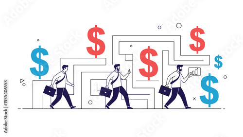 Trio of businessmen walking with briefcases through geometric maze path marked by large dollar signs representing path to financial success.