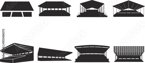 Sports stadium grandstand silhouettes collection arena tribune seating structures vector icons set isolated architecture for football baseball event venues