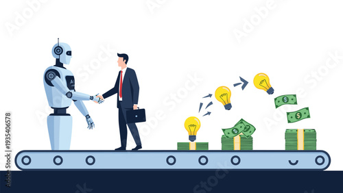 Humanoid robot shaking hands with businessman on industrial conveyor belt with lightbulbs transforming into money representing ai innovation.