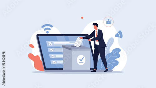 Businessman placing paper ballot into voting box in front of large laptop displaying electronic list representing online voting and democracy.