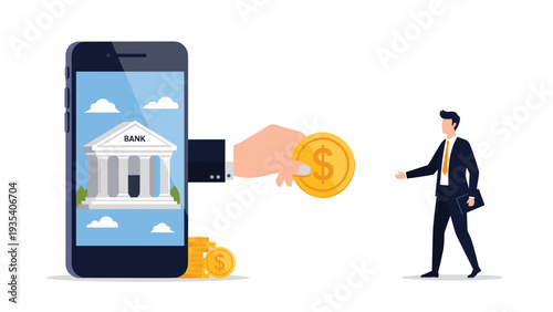 Human hand emerging from smartphone screen with bank icon to give gold dollar coin to businessman representing mobile banking and digital finance.