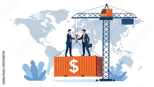 Two businessmen shaking hands while standing on shipping container with dollar sign suspended by crane against world map background representing trade.