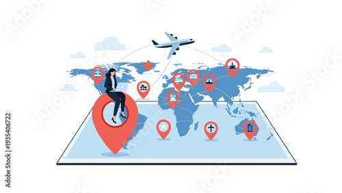 Businesswoman with laptop sitting on giant red location pin over world map with destination markers representing global remote work and travel.