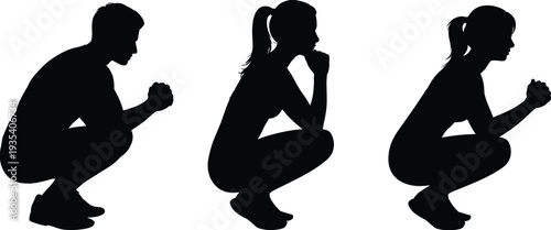 Squatting people silhouettes with man and women in crouching pose isolated on white background human posture vector set