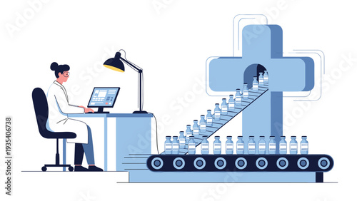 Female doctor working on computer next to pharmaceutical production line with medicine bottles on conveyor belt forming medical cross symbol.