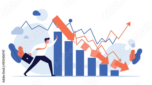 Businessman putting forth great effort to push back against large falling financial bar graph with red downward arrows representing recession.