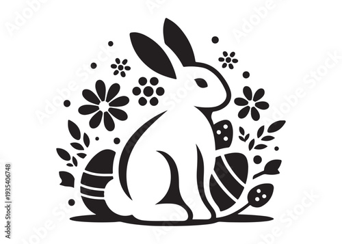 easter bunny eggs and flowers logo silhouette, easter eggs silhouette vector illustration,  decorative pattern logo silhouette, easter bunny eggs and floral logo silhouette design on white background