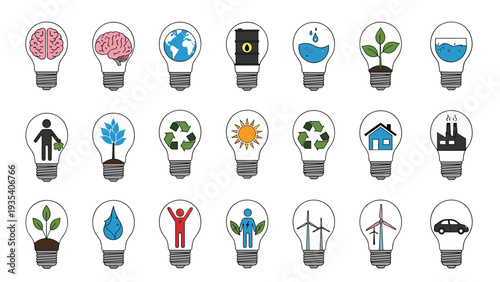 Grid of lightbulbs featuring environmental and technological icons symbolizing sustainable energy innovations and creative green future solutions.