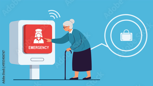 Elderly woman uses emergency call system and nursing assistance service to request medical help at home via smart device.
