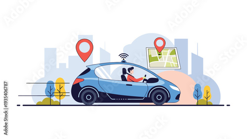 Driver sitting in autonomous blue car using smart navigation and gps tracking system while traveling through a modern city.