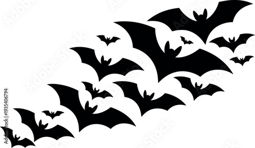 A dynamic swarm of black bat silhouettes ascends against a white background, creating an eerie, mysterious nocturnal ambiance, perfect for Halloween.