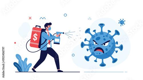 Professional male worker wearing mask sprays disinfectant to kill giant virus monster representing the fight against pandemic.
