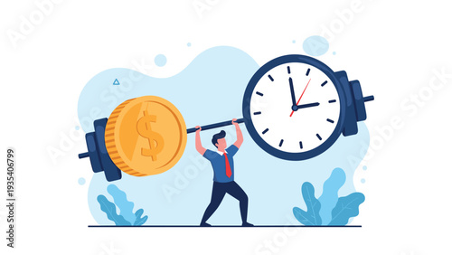 Businessman lifting heavy barbell with gold coin and clock weights representing the challenge of balancing time and money.