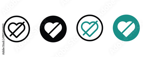 Modern heart symbols with line through in circle icons