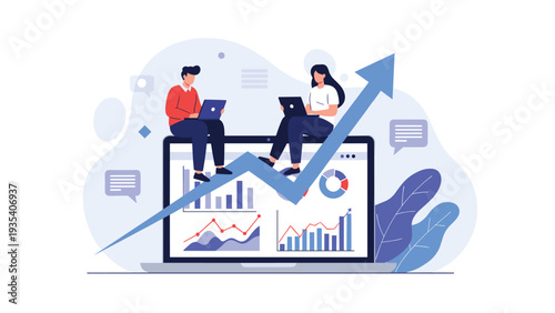 People sitting on giant laptop screen with rising blue arrow and financial charts symbolizing business success.