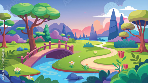 A vibrant fantasy landscape featuring a serene river and lush forest scenery with a small bridge.