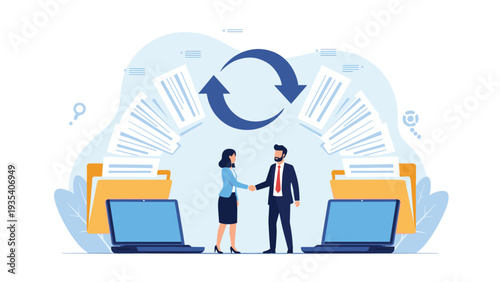 Businessman and woman shaking hands between laptops with synchronized documents representing digital collaboration.