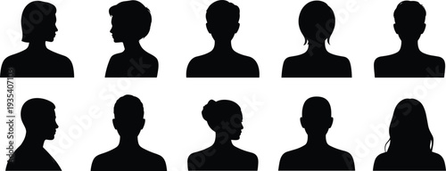 Ten black silhouette headshots of diverse people in profile and front views vector illustration