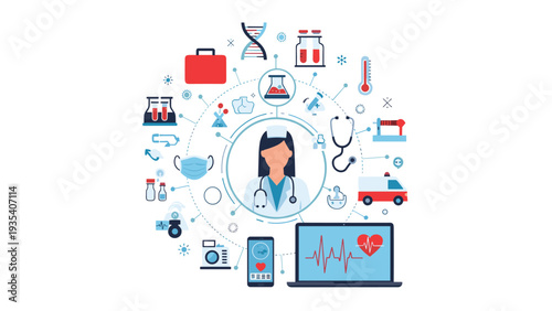 Medical nurse avatar surrounded by health icons representing telemedicine and digital healthcare services ecosystem.