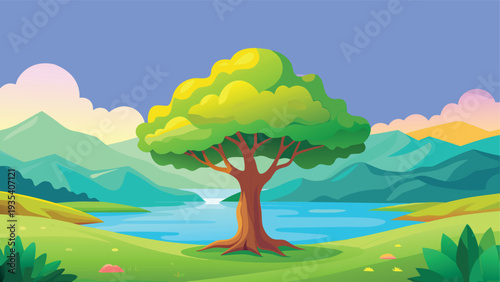 A serene cartoon landscape featuring a large tree beside a calm body of water and mountains